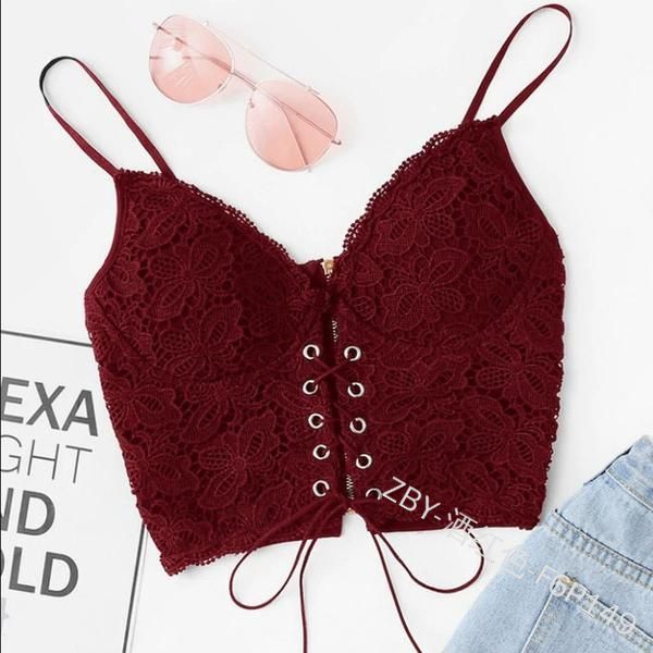 Women Edgy Casual Sleeveless Solid Color Lace Crop Camisole Bra