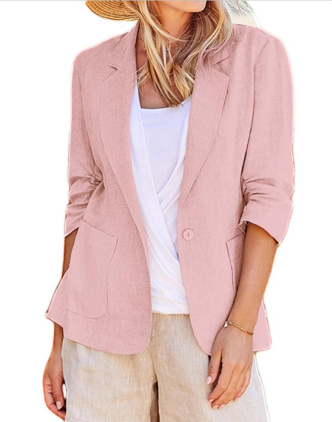 Chaqueta blazer informal de manga larga con solapa y botonadura sencilla de color liso para mujer