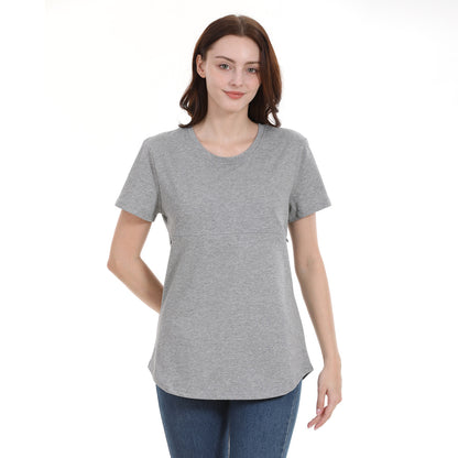 Camiseta informal de algodón de manga corta con cremallera para mujer embarazada y lactante