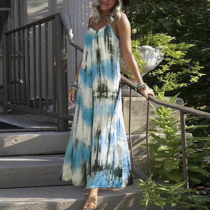 Women Fashion Casual Vacation Tie Dye Print Spaghetti Strap Maxi Loose Dress