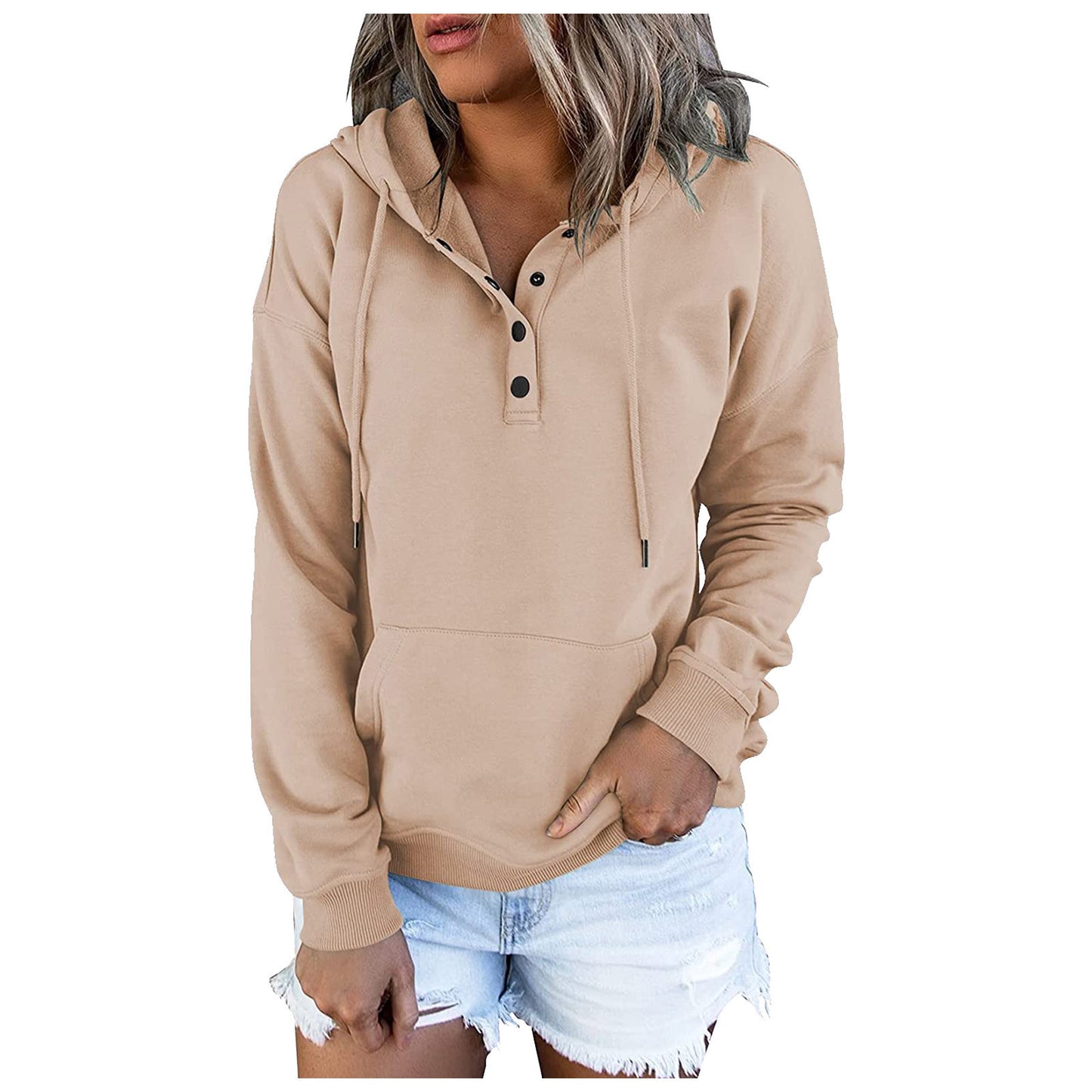Sudadera con capucha básica informal de manga larga con bolsillo suelto y cuello en V para mujer