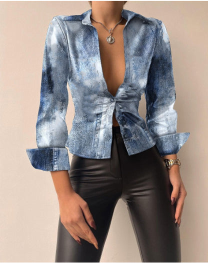 Blusa informal de manga larga con cuello en V y solapa para mujer