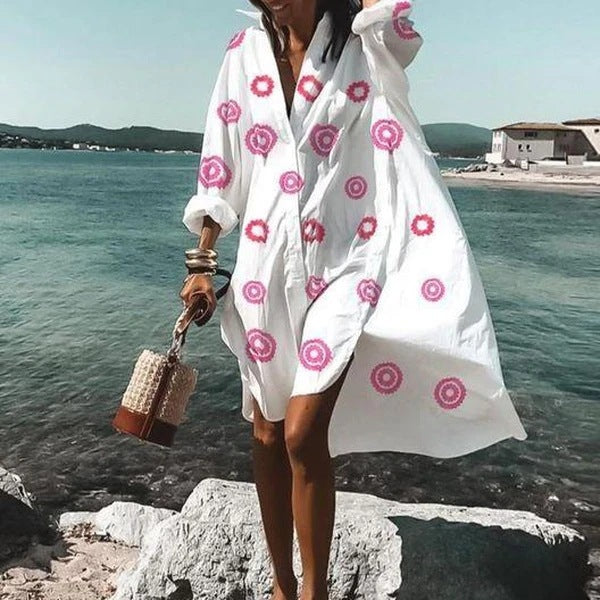 Women Casual Long Sleeves Summer Fashion Lapel Single-breasted Shirt Dress
