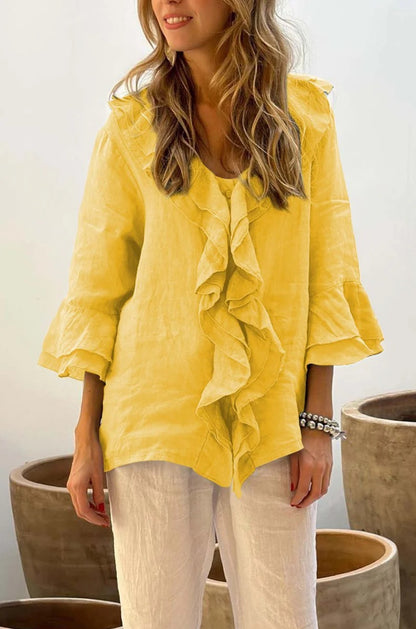 Blusa holgada informal de manga larga con volantes y escote en V de color liso para mujer