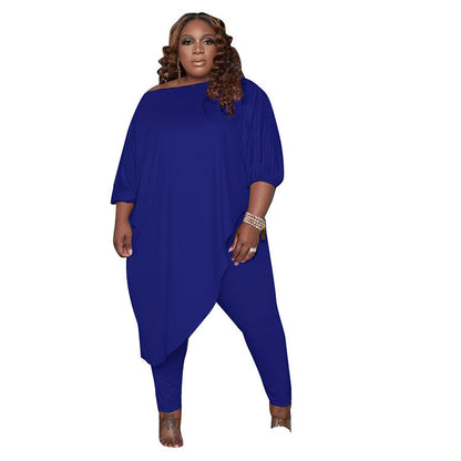 Conjunto de dos piezas de top y pantalón holgado informal de moda para mujer de talla grande