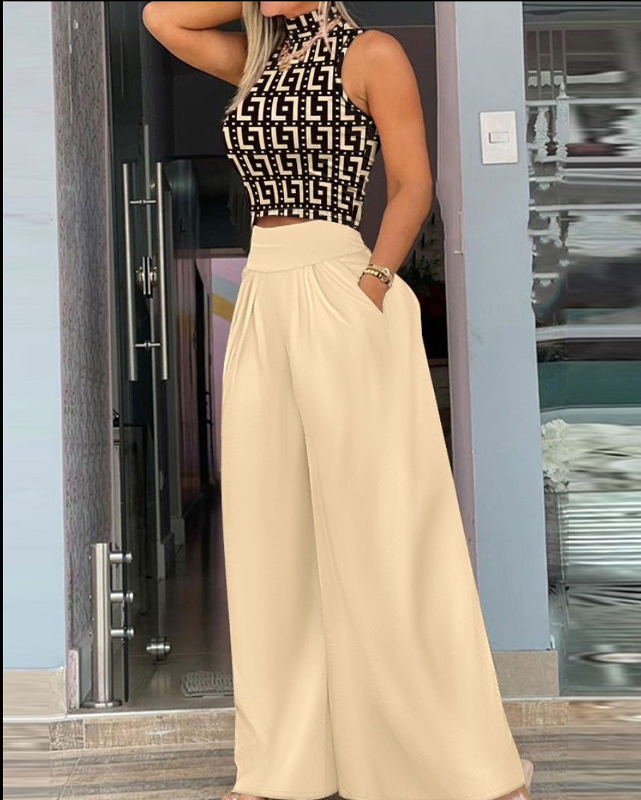 Conjunto de dos piezas de pantalón holgado estampado y top ajustado sin mangas informal a la moda para mujer
