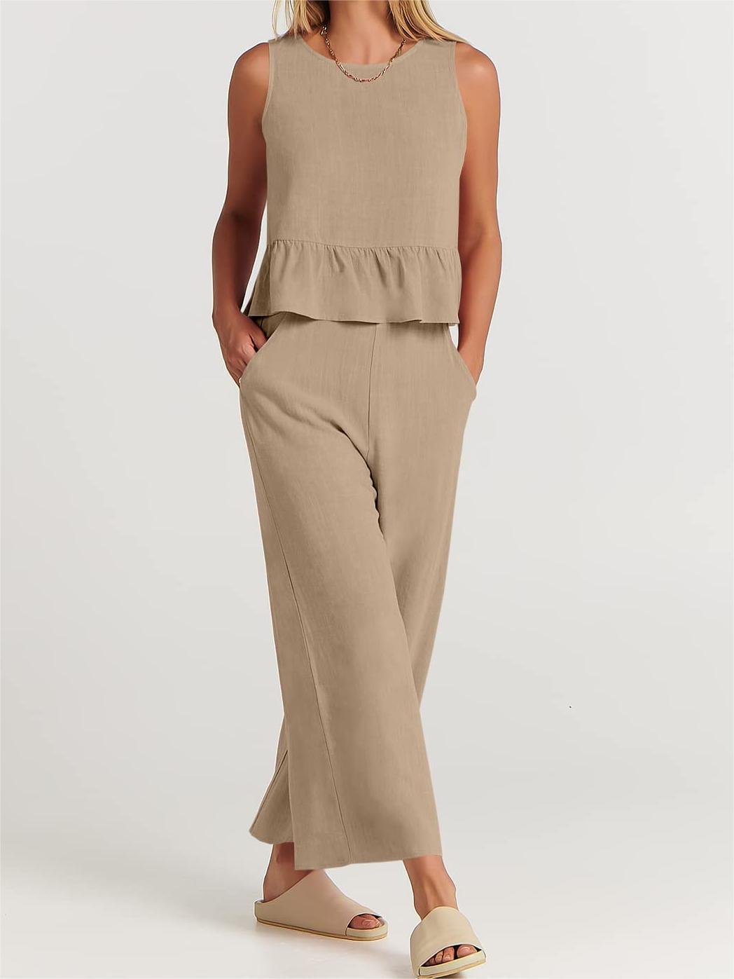 Conjunto informal de verano para mujer, blusa sin mangas con volantes y pantalones de pierna ancha