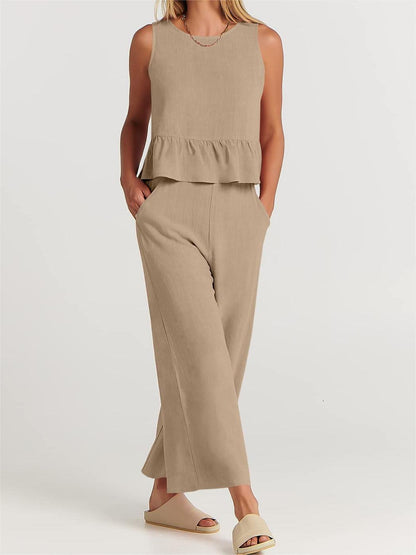 Conjunto informal de verano para mujer, blusa sin mangas con volantes y pantalones de pierna ancha