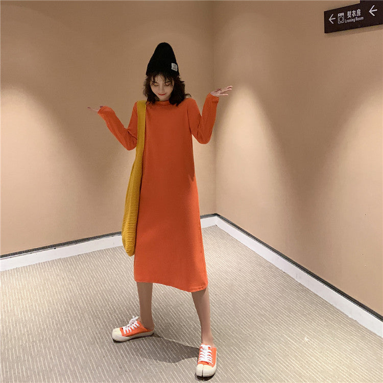 Women Fashion Casual Solid Color Loose Round Neck Long Sleeve Dress