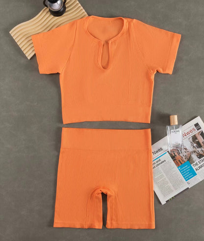Women Fashion Casual Solid Color Sports Yoga Short Sleeve Top Shorts Set