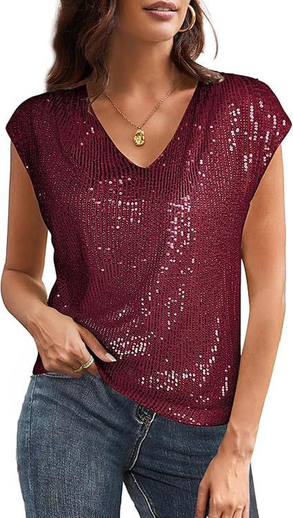 Women Fashion Casual Solid Color Sequin V-Neck Short Sleeve Blouse
