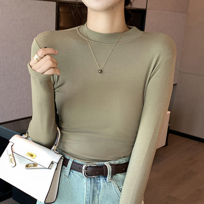 Camiseta informal de manga larga con cuello redondo, color liso y media caña para mujer