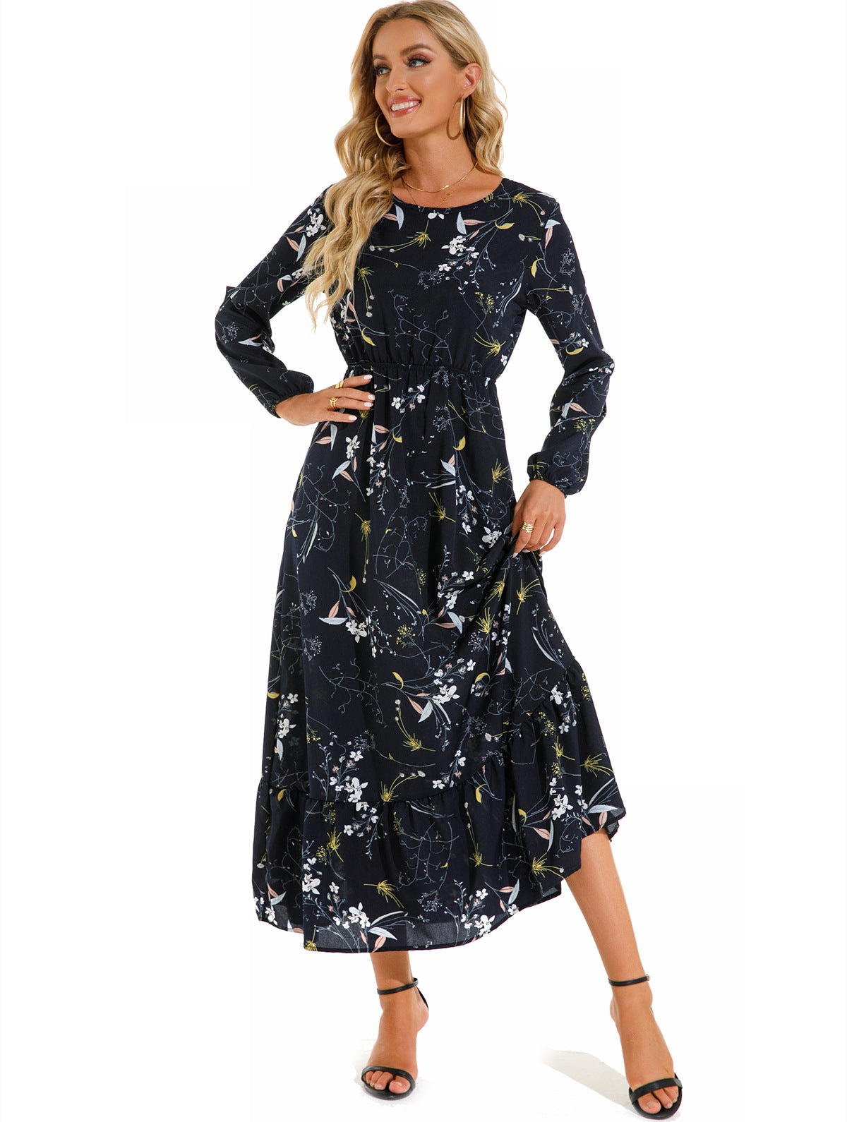 Vestido largo informal de manga larga con cuello redondo y estampado floral para mujer
