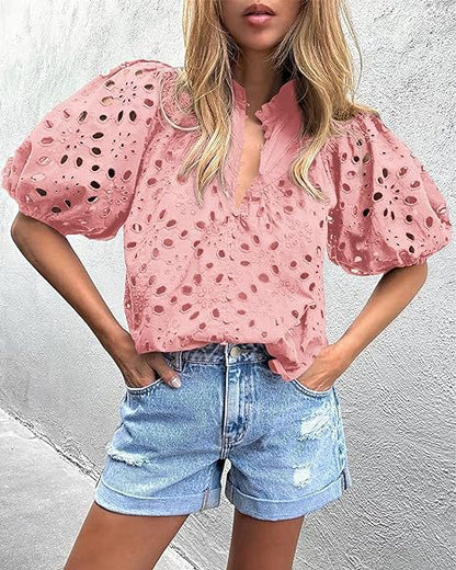 Blusa informal de verano con mangas abullonadas y cuello en V para mujer, con encaje calado y bordado
