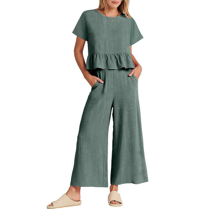 Conjunto de pantalón casual de manga corta con volantes de color liso para mujer