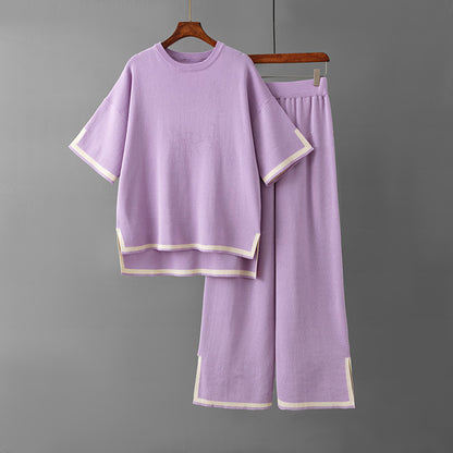 Conjunto de dos piezas de pantalones anchos de punto con contraste informal para mujer