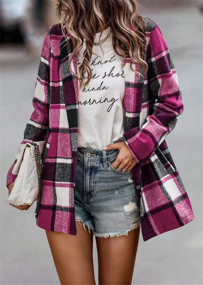 Chaqueta de punto de manga larga con bolsillo y estampado a cuadros holgado e informal de invierno para mujer