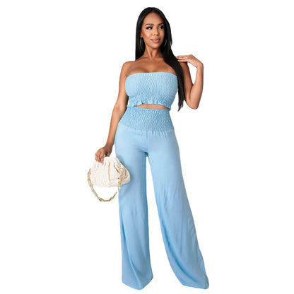 Conjunto de dos piezas para mujer, informal, elegante, de color liso, con top de tubo y pantalones holgados