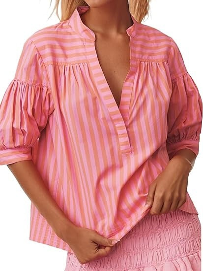 Blusa informal de manga larga con cuello en V y costuras a rayas para mujer