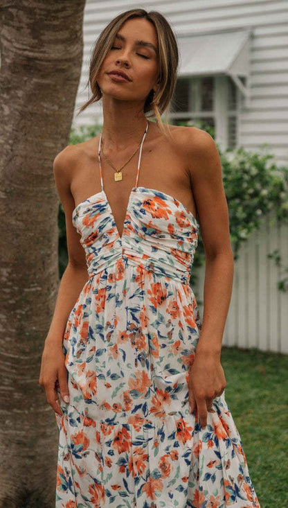 Vacation Women Casual Tiny Flower Print Backless Maxi Dress