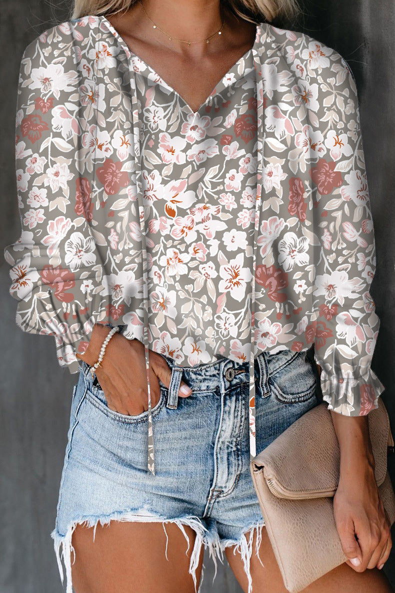 Blusa informal de manga larga con cuello en V y estampado floral para mujer