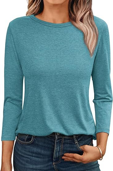 Camiseta informal holgada de manga larga con cuello redondo para mujer