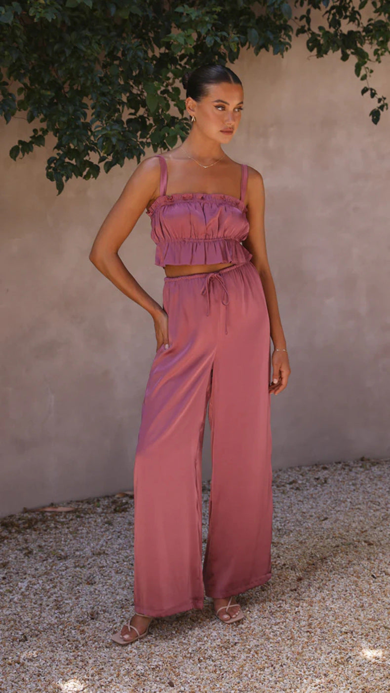 Conjunto de dos piezas de verano para mujer, color liso, informal, con cuello de una palabra, tirantes y pantalones de pierna ancha