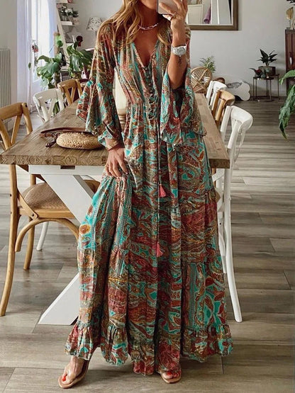 Bohemian Women Casual Flare Sleeve Printed V-Neck Maxi Dress