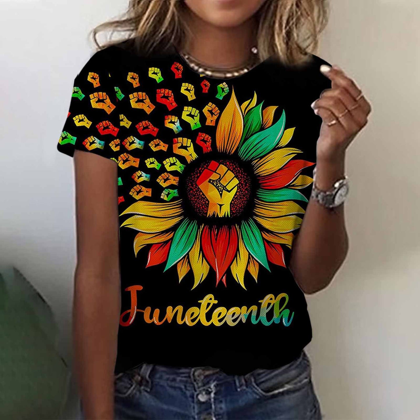 Camiseta informal de manga corta con estampado de letras Juneteenth para mujer