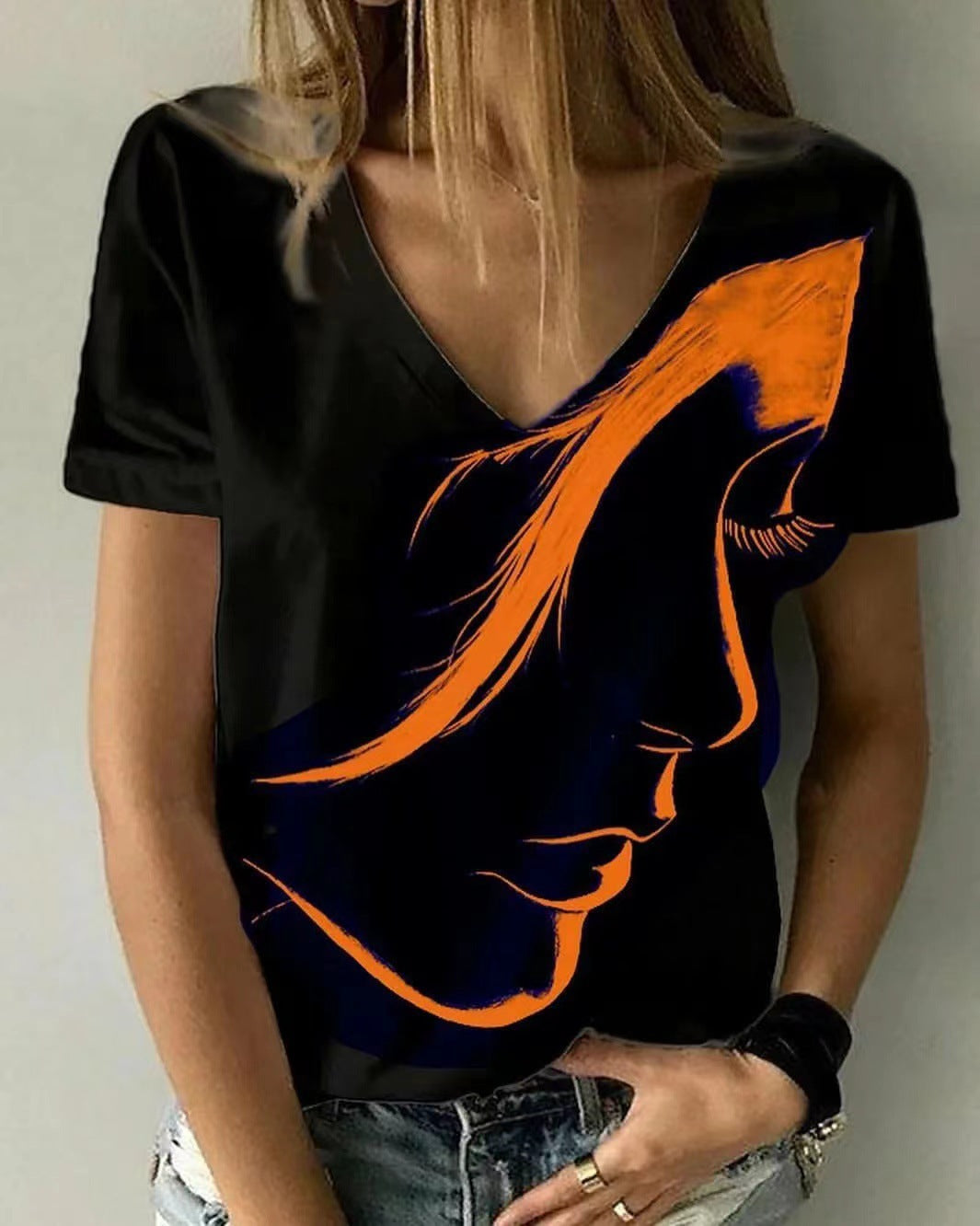 Camiseta básica de verano con cuello en V y estampado 3D de personajes informales para mujer