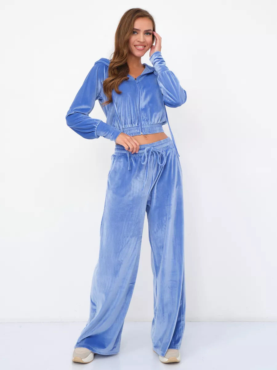 Conjunto de dos piezas de cárdigan con cremallera y pantalones de terciopelo con cordones para mujer, informal y a la moda.
