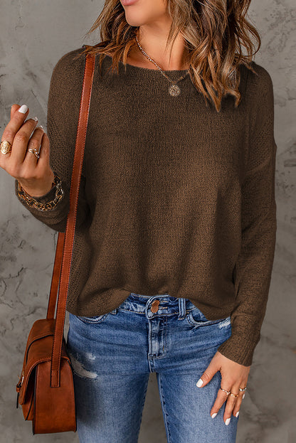Women Casual Solid Color Round Neck Long Sleeve Knitted Sweater