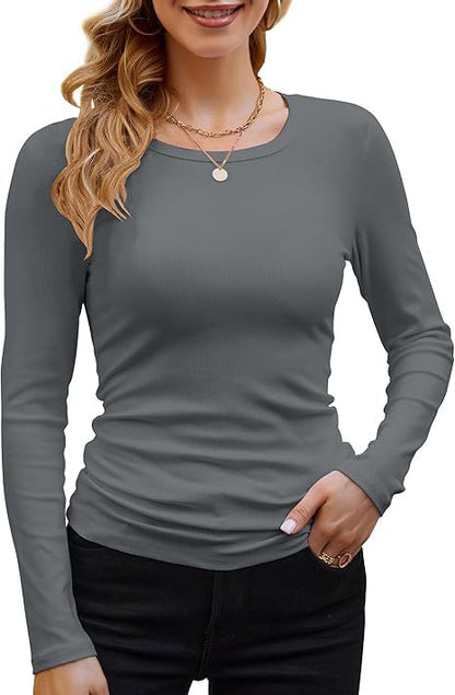 Camiseta informal de manga larga con cuello redondo y ribete de color liso para mujer