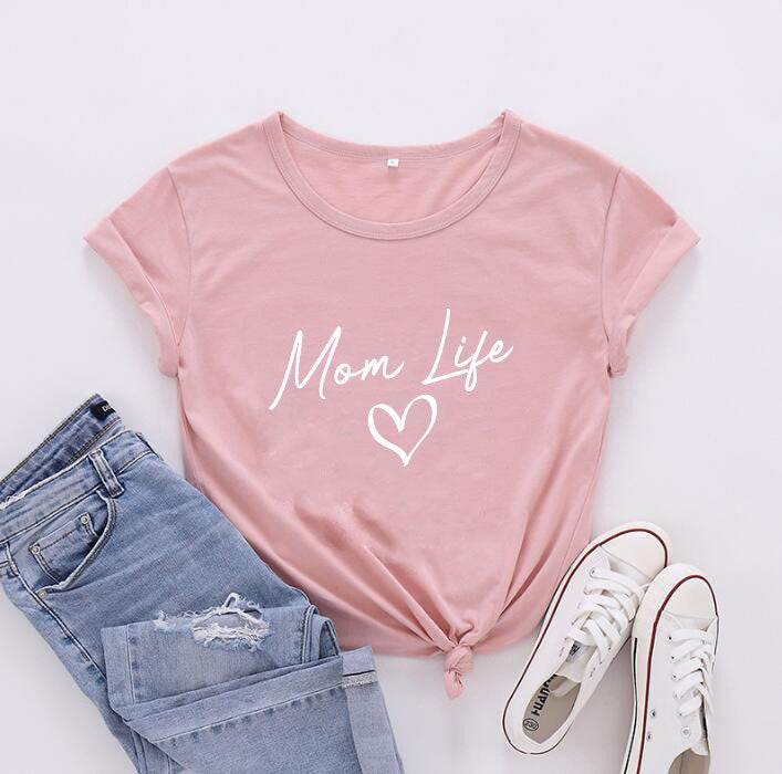 Camiseta informal de manga corta para mujer con texto "Mamá, vida de madre, feliz día de la madre"