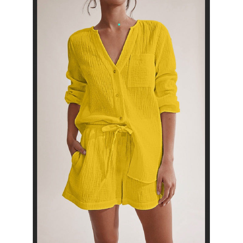 Conjunto de pijama informal de algodón de doble gasa de color liso y manga larga para mujer