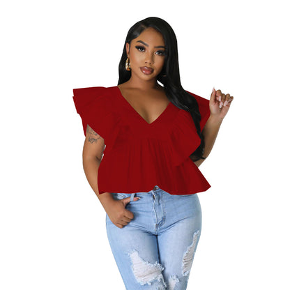Blusa informal de manga corta con cuello en V y estampado floral arrugado para mujer