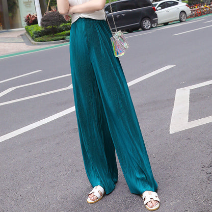 Women Casual Solid Color Pleated Chiffon Wide Leg Pants