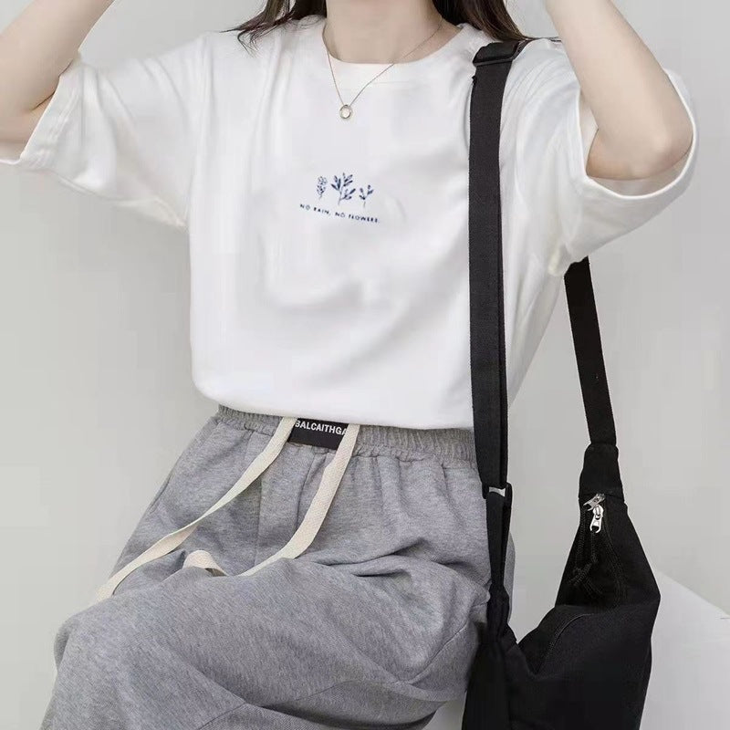 Camiseta informal de verano para mujer con estampado de plantas, cuello redondo y manga corta