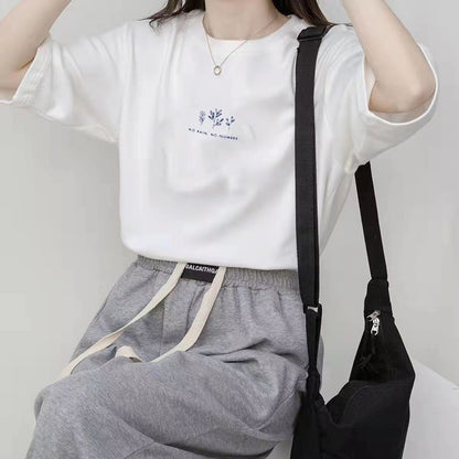 Camiseta informal de verano para mujer con estampado de plantas, cuello redondo y manga corta