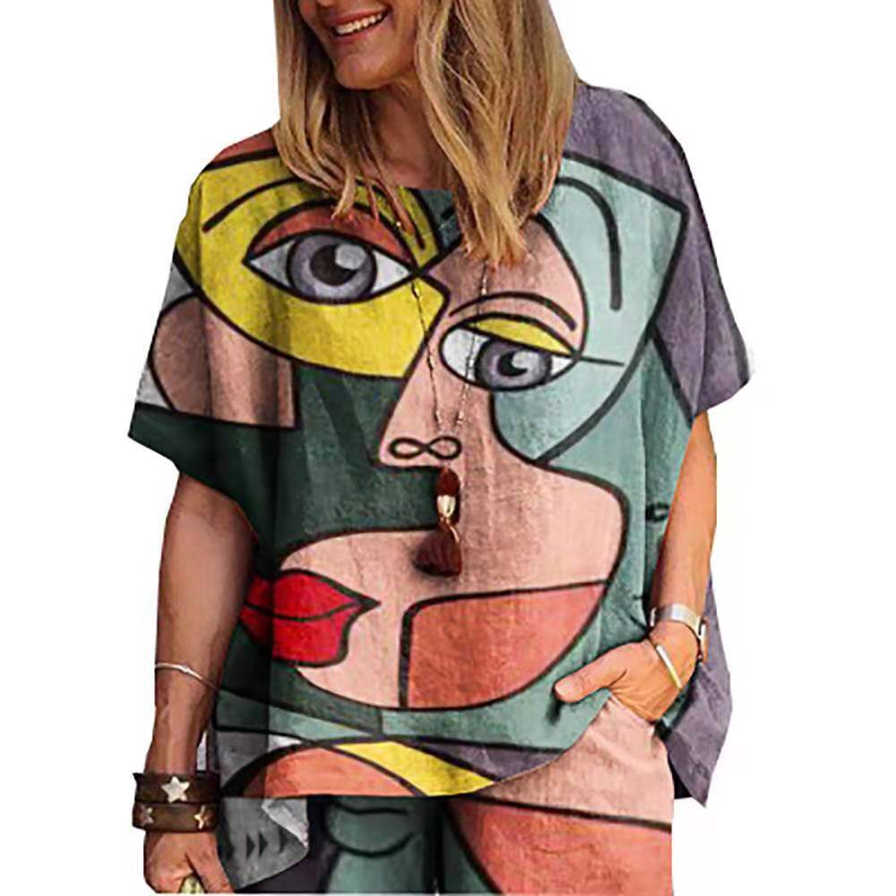 Women Casual Summer Floral Print Loose Short Sleeve T-Shirt And Shorts Set