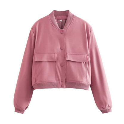 Chaqueta informal de manga larga con bolsillos de color liso a la moda para mujer