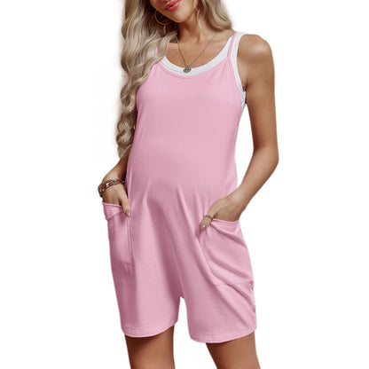 Women Casual Loose Sleeveless Suspender Pregnant Solid Color Pocket Maternity Rompers