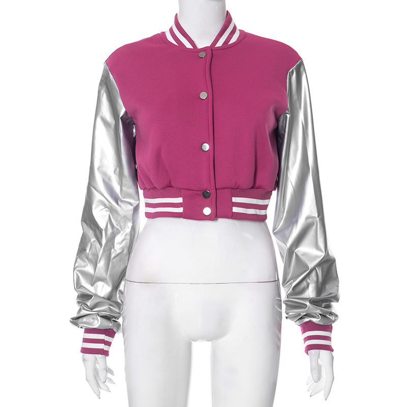 Abrigo de béisbol informal de color liso con cierre a presión y manga larga con costuras de PU para mujer