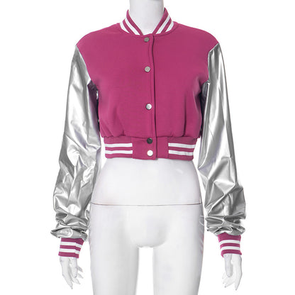 Abrigo de béisbol informal de color liso con cierre a presión y manga larga con costuras de PU para mujer