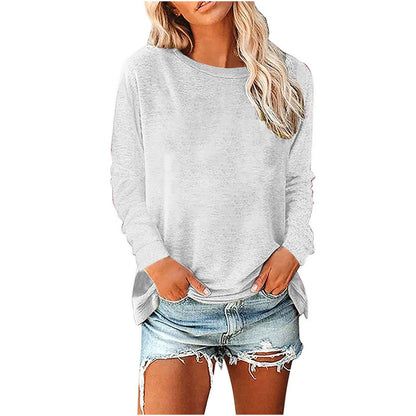 Camiseta informal holgada de manga larga con cuello redondo para mujer