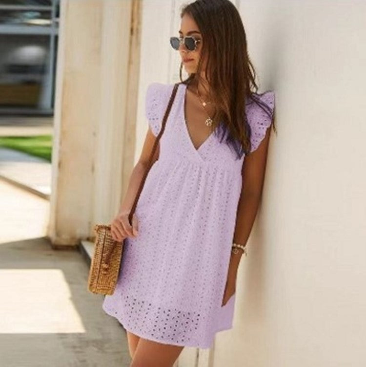 Vestido minivestido elegante para mujer, de color liso, con escote en V, encaje con volantes, sin mangas, corte A, informal, holgado, para playa y verano