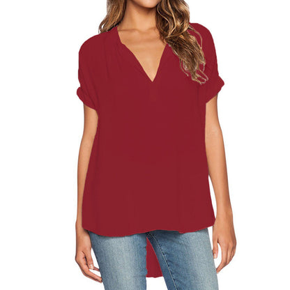 Blusa holgada informal de manga corta con cuello en V liso para mujer, estilo chic de oficina