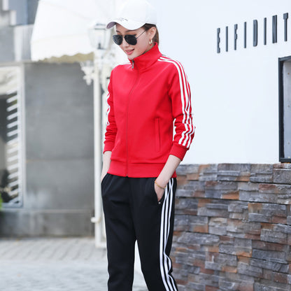 Conjunto deportivo informal para hombre y mujer con sudadera y pantalones de chándal con cremallera y estampado de rayas en contraste para pareja