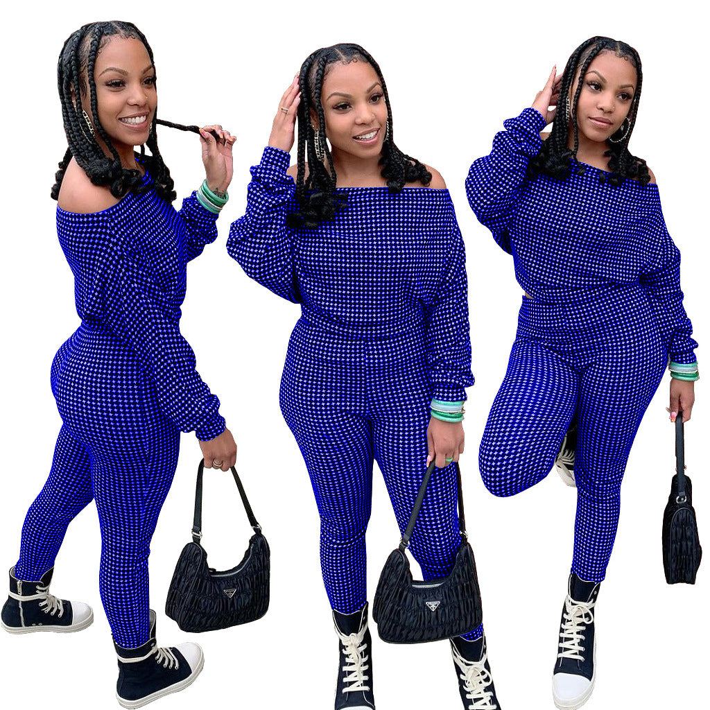 Conjunto de dos piezas de top y pantalón holgados informales de manga larga con cuello oblicuo y estampado a cuadros para mujer