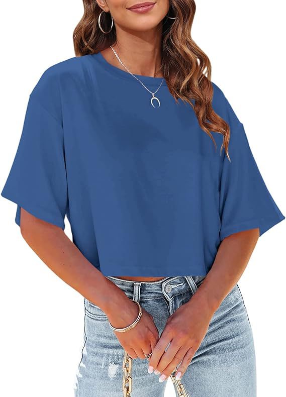 Camiseta básica informal de media manga con estampado de color liso para mujer